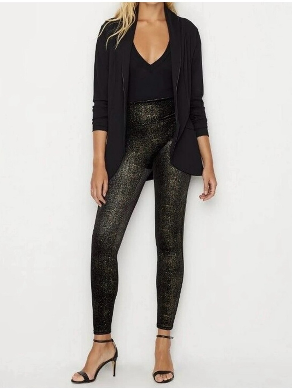 SPANX Black Shimmer Metallic Leggings High Rise Slimming Tummy Control Dressy